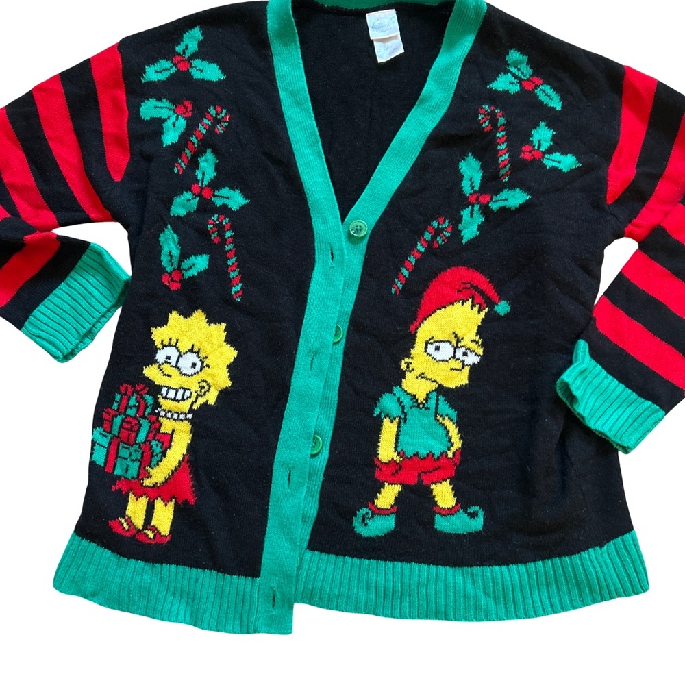 Rare VTG 90s The Simpsons Women’s Large Ugly Cardigan Bart Elf Lisa Presents - Picture 11 of 13